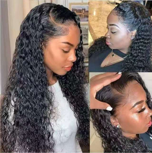 Front lace long curly wig for women with natural hairline and voluminous curls – curly lace frontal wig for everyday and special occasions.
